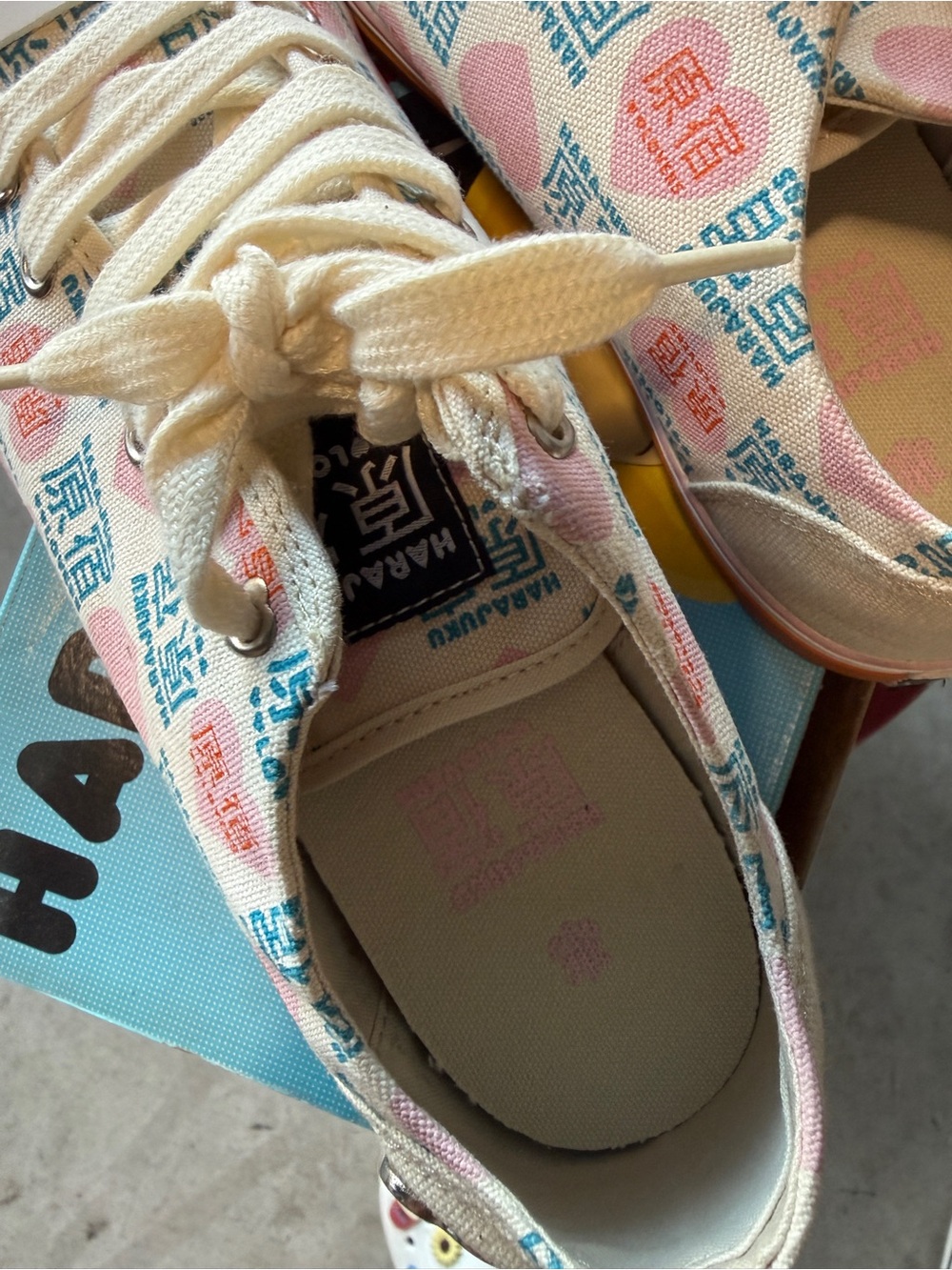 Harajuku Lovers Cream Canvas Athletic Sneakers with Pink and Teal Accents